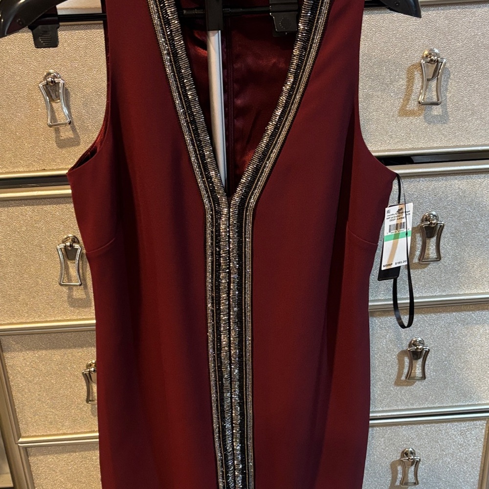 Laundry By Shelli Segal Wine Backless Dress with Metallic Trim